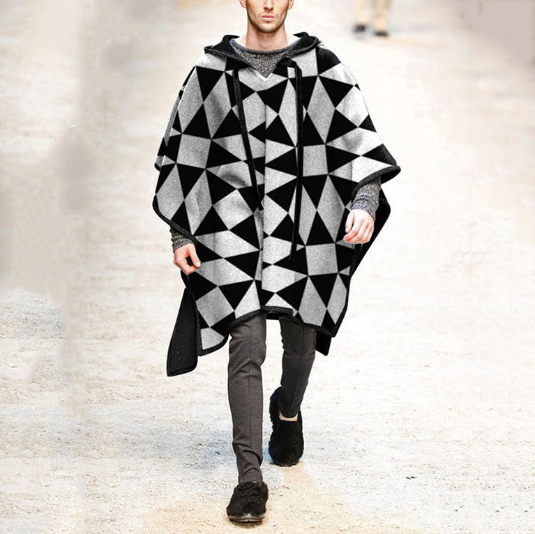 Herren Oversized Kapuzenponcho aus Strick mit geometrischem Mosaikmuster Echoarchiv