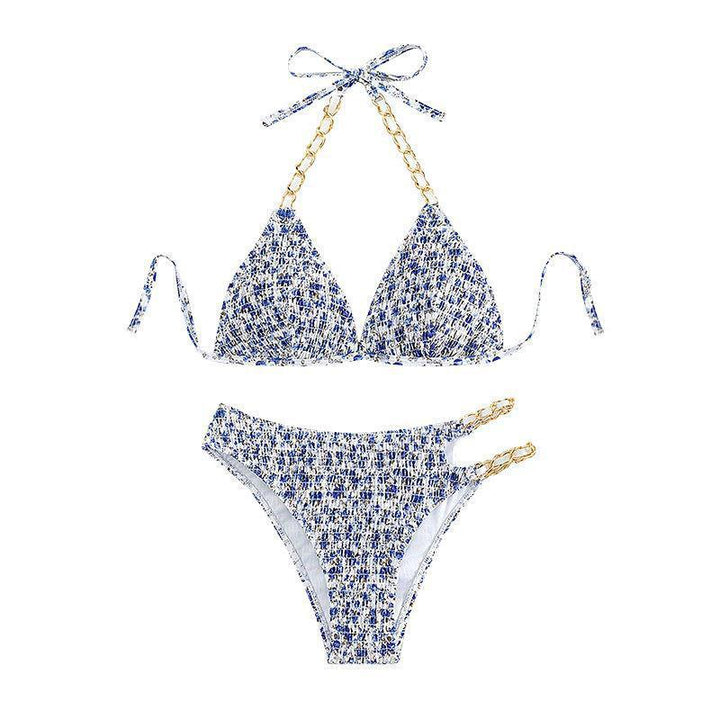 Damen Triangel-Bikini mit goldenen Ketten-Details und verspieltem Blumenmuster Echo Archiv