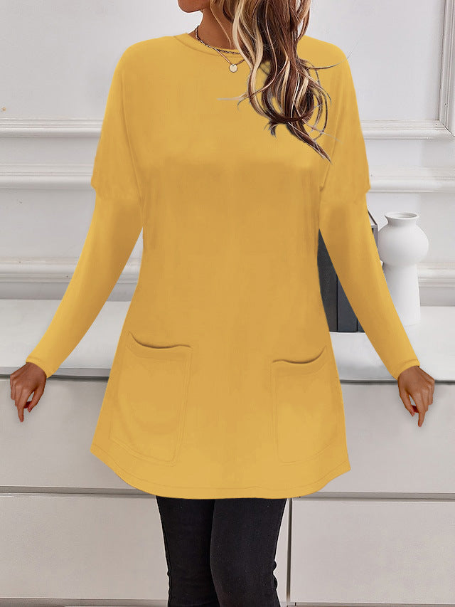 Damen Longline Feinstrick-Tunika mit Rundhalsausschnitt und aufgesetzten Taschen – Mavelle