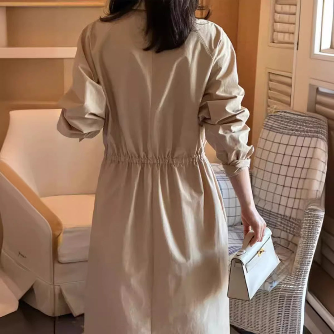 Damen Langärmeliges Hemdblusen-Maxikleid mit Taillengürtel und Eingrifftaschen Echoarchiv