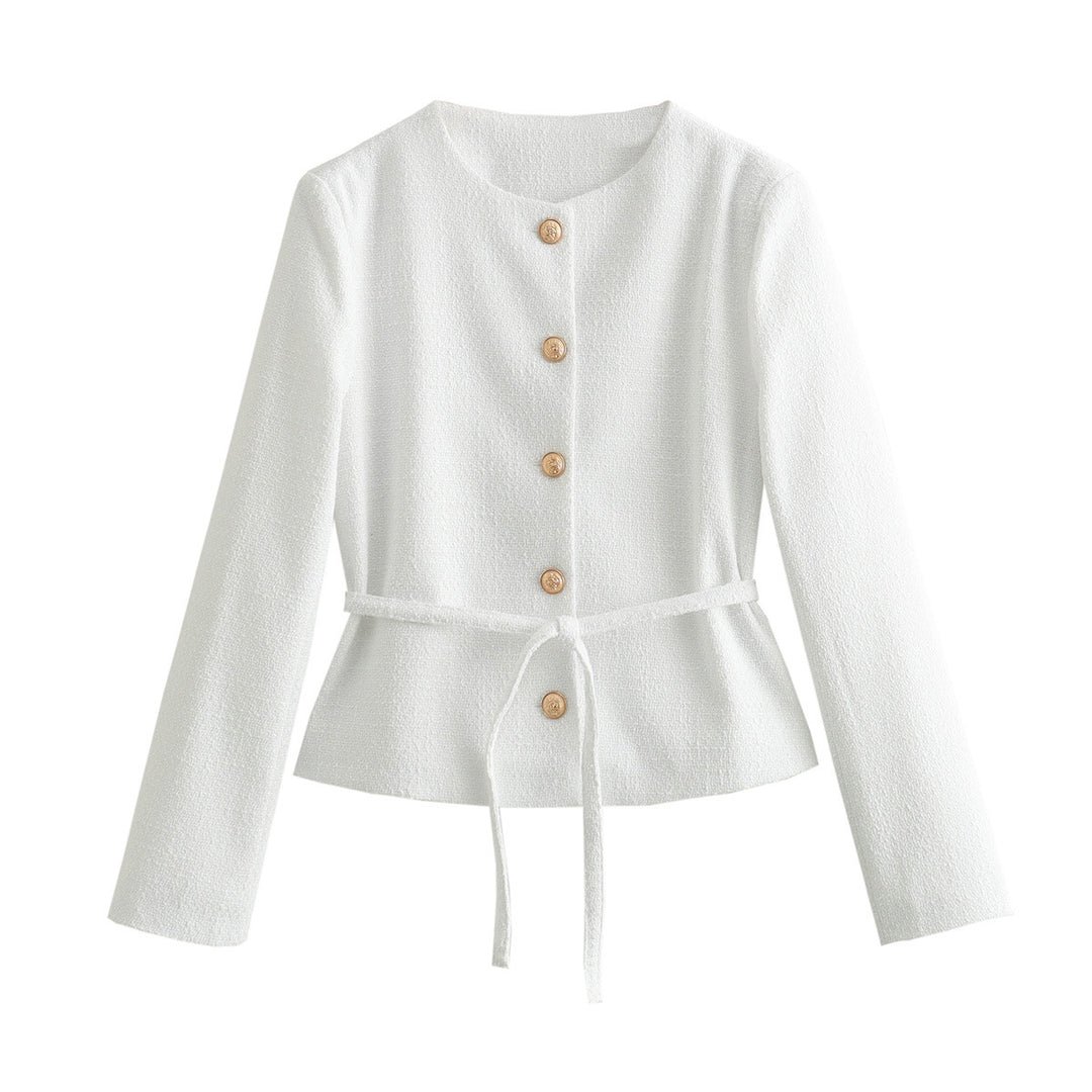 Damen nan taillierte Bouclé-Jacke mit Bindegürtel und goldfarbenen Zierknöpfen Echo Archiv