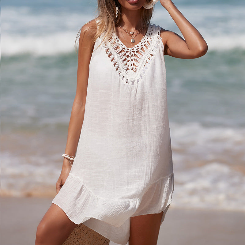 Damen luftiges Häkel-Strandkleid mit V-Ausschnitt und romantischem Saum Echo Archiv