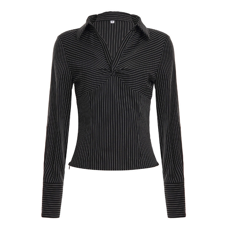 Damen nan tailliertes Langarmshirt mit Twist‑V‑Ausschnitt, Hemdkragen und Nadelstreifen-Optik Echo Archiv