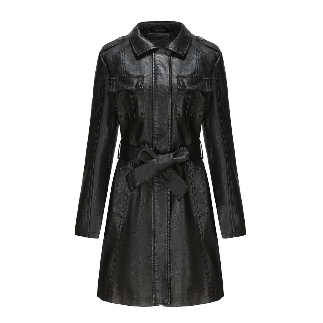 Damen nan langer Kunstleder-Trenchcoat mit Taillengürtel und Schulterriegeln Echo Archiv