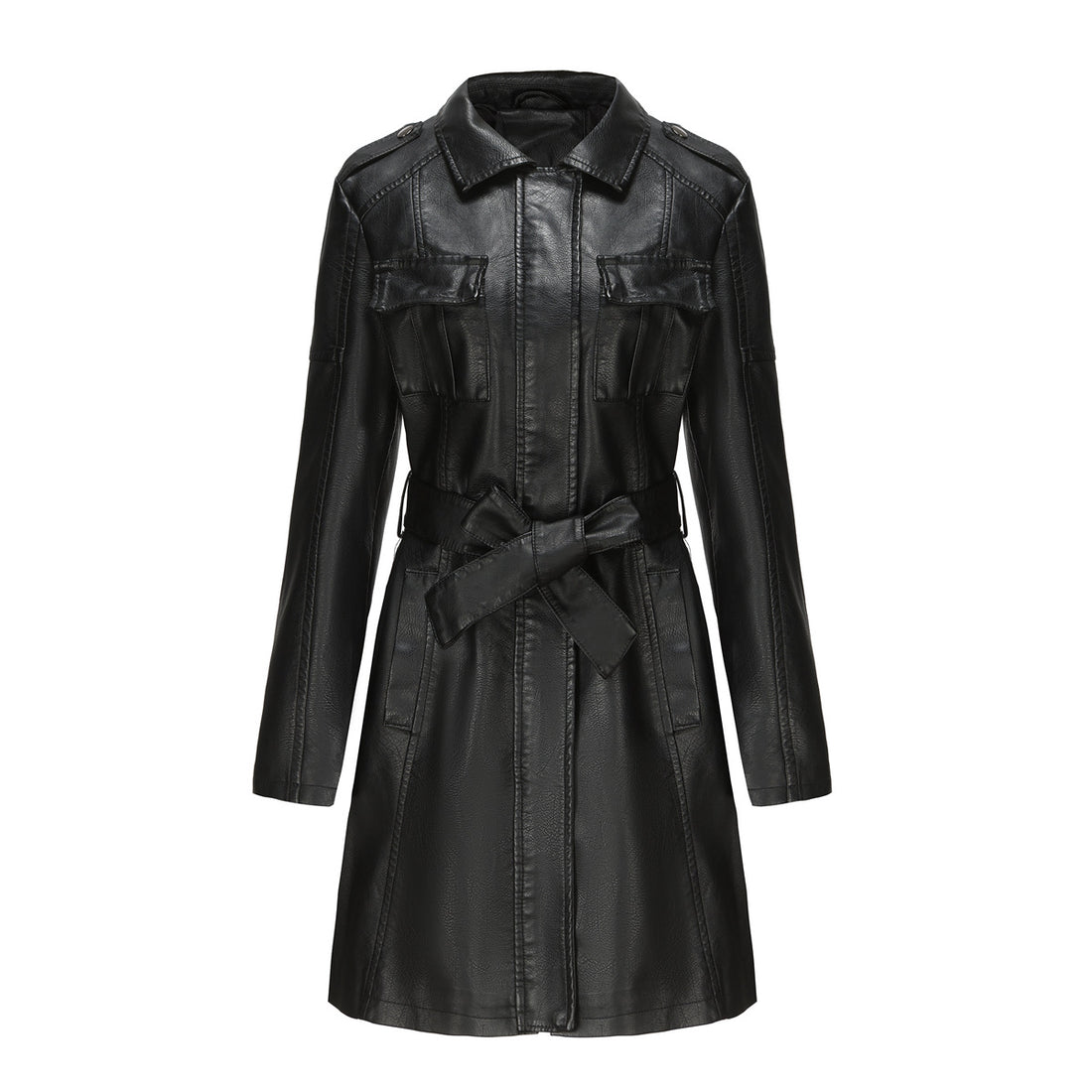 Damen langer Kunstleder-Trenchcoat mit Taillengürtel und Schulterriegeln – Avérine