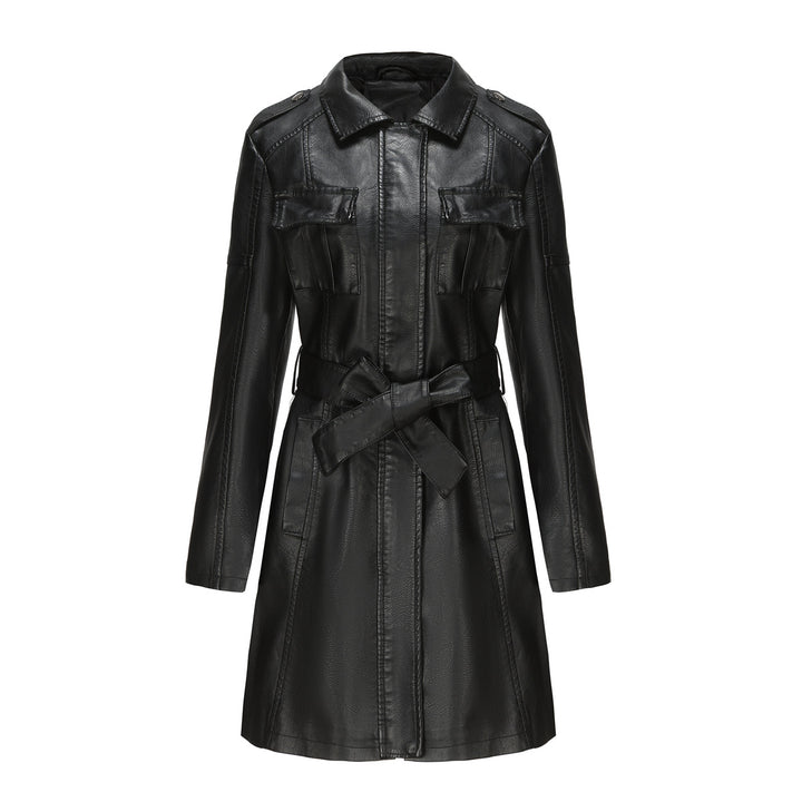 Damen nan langer Kunstleder-Trenchcoat mit Taillengürtel und Schulterriegeln Echo Archiv