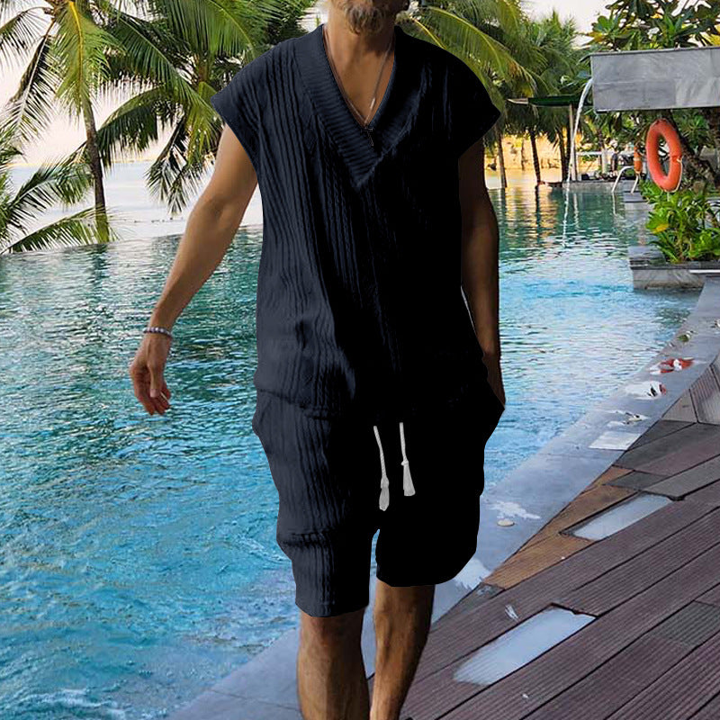 Herren lässiges Urlauboutfit mit stylish V-Ausschnitt und elastischem Bund Echoarchiv