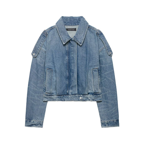 Damen Cropped Jeansjacke mit Schulterklappen, verdeckter Knopfleiste und boxy Silhouette Echo Archiv