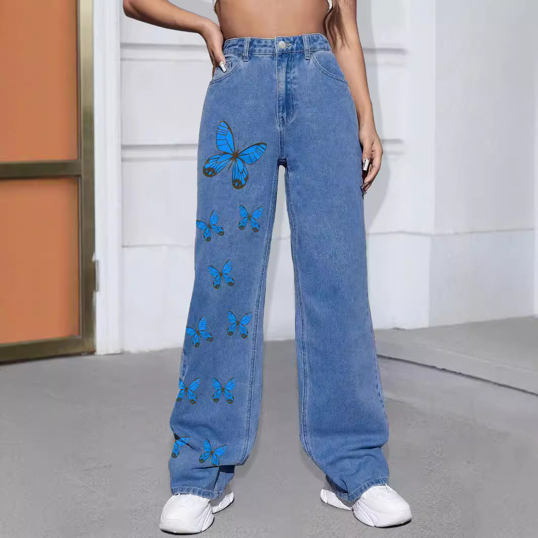 Damen Weite Jeanshose mit Schmetterlings-Print Echo Archiv