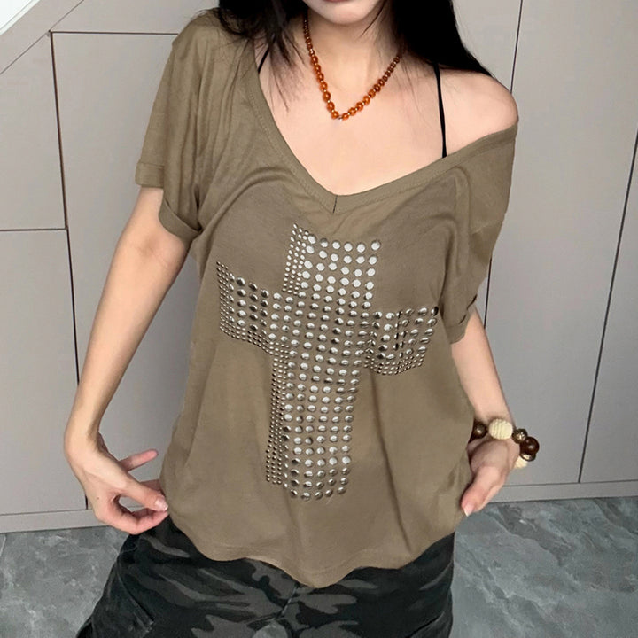 Damen V-Ausschnitt T-Shirt mit stilvollem Nieten-Dekor Echo Archiv