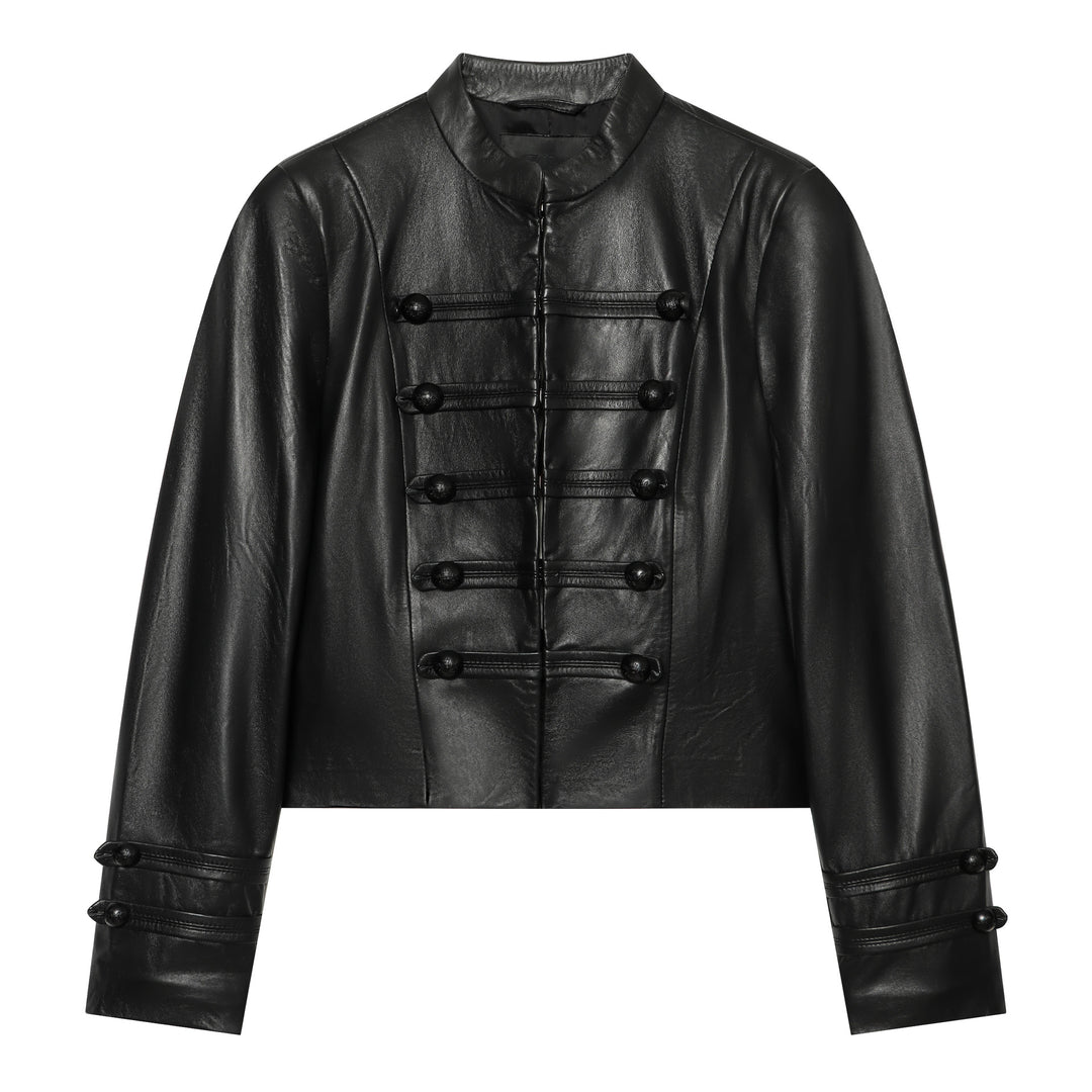 Damen Cropped Kunstlederjacke im Mandarin Militärestik mit Zierkordeln und Stehkragen Echo Archiv