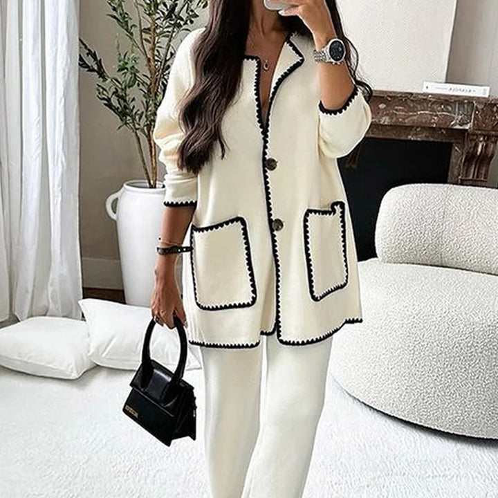Damen Longline-Strickset mit kontrastbesetzter Strickjacke und weitem Palazzo-Hosen Echoarchiv