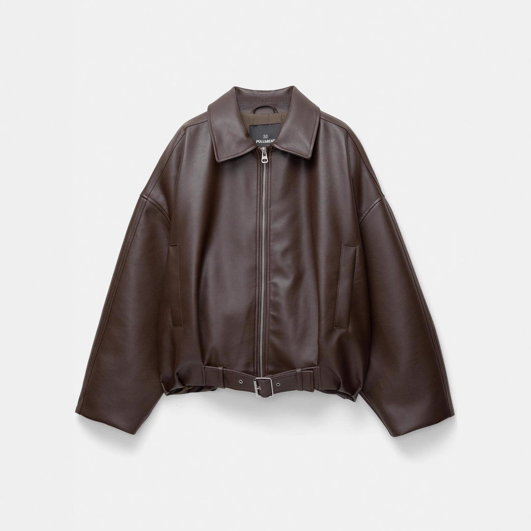 Damen Modische Kunstlederjacke mit auffälligem Kragen und Taillengürtel