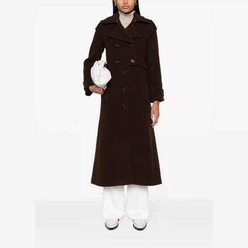 Damen Bodenlanger Doppelreihiger Trenchcoat aus Wollmix mit Schulterpatten und verdecktem Taillengürtel Echoarchiv