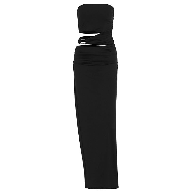 Damen elegantes Bodenkleid mit gerafftem Design und verstellbarem Gürtel Echo Archiv