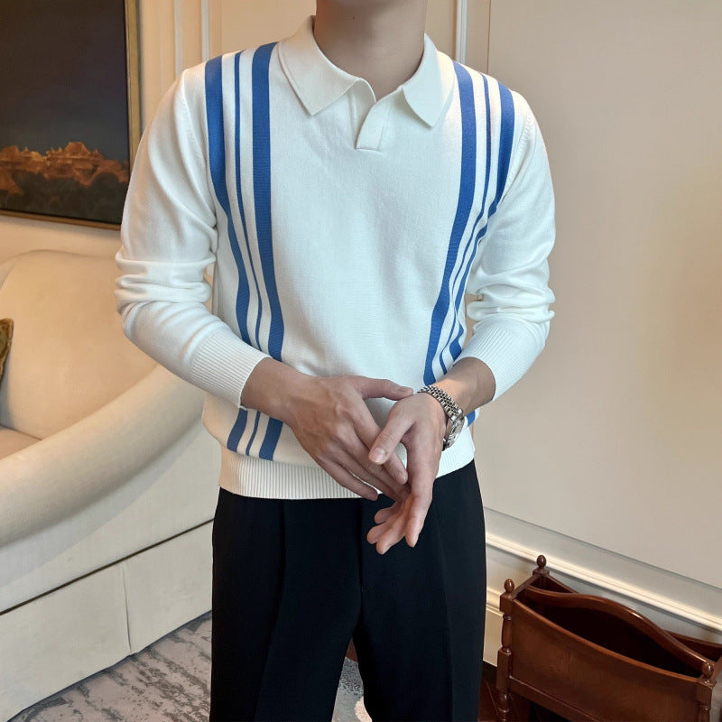 Herren Polokragen-Strickpullover mit markanten Längsstreifen und schmaler Passform Echoarchiv