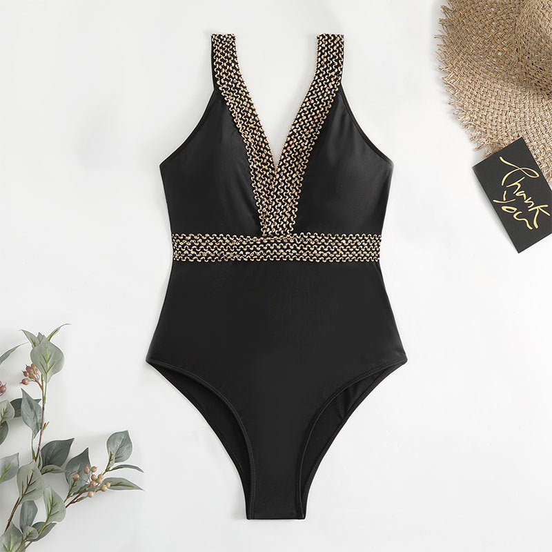 Damen Einteiler Badeanzug mit elegantem V-Ausschnitt und goldenen Details Echo Archiv