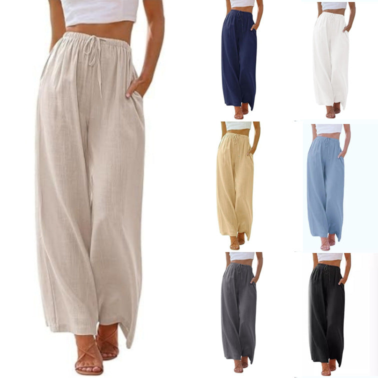 Damen nan weite Leinenhose mit elastischem Bund Kordel und Seitentaschen Echo Archiv