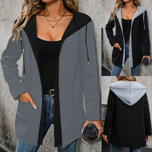Damen Langer Kapuzen-Cardigan mit kontrastiertem Besatz, Kordelzug und Eingrifftaschen – Veloura