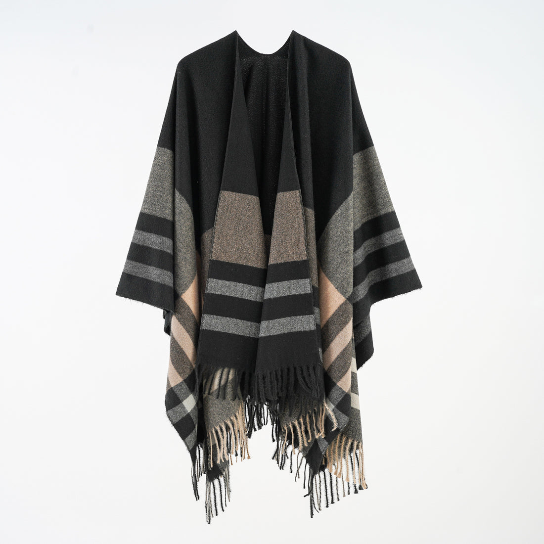 Damen Oversize-Überwurfponcho aus Wollmix mit grafischem Streifenmuster und Fransensaum – Célinea