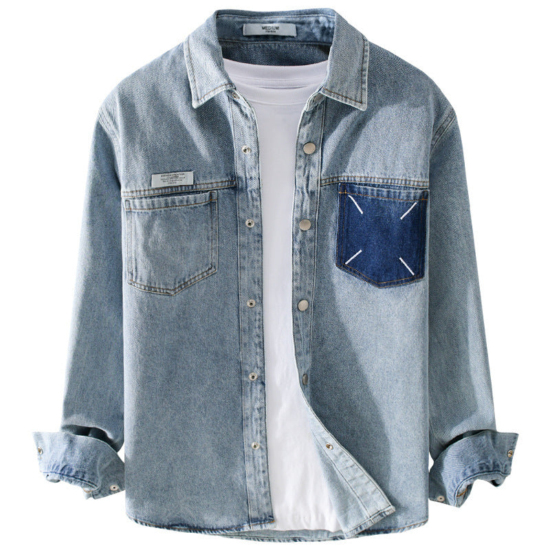 Herren Denim-Hemdjacke mit kontrastierter Brusttasche und Druckknopfverschluss Echoarchiv