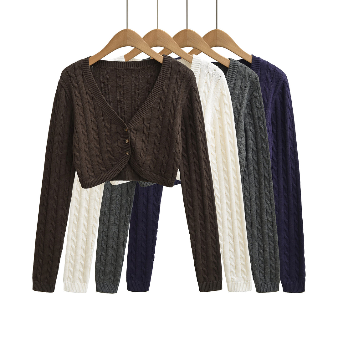 Damen Kurzgeschnittener Zopfstrick-Cardigan mit V‑Ausschnitt und Knopfleiste Echoarchiv
