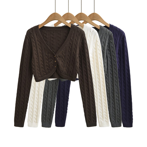 Damen Kurzgeschnittener Zopfstrick-Cardigan mit V‑Ausschnitt und Knopfleiste Echoarchiv