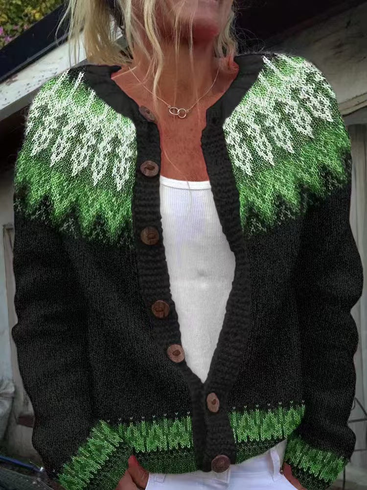 Damen nan gemusterte Strickjacke mit Rundpasse, Holzknöpfen und Eingrifftaschen Echo Archiv