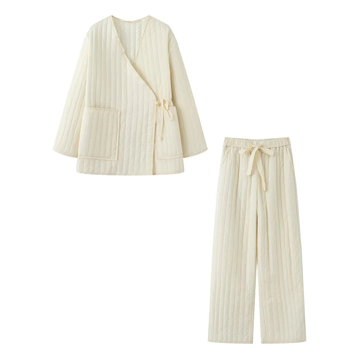 Damen gesteppter Kimono-Wickel-Loungewear-Set mit weiter Bundhose – Élanora