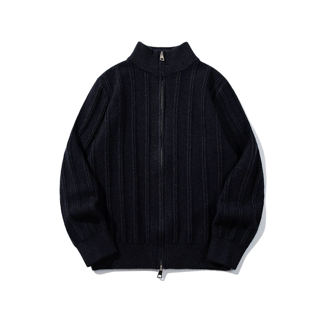 Unisex Geraffte Strick-Zipjacke mit hohem Stehkragen und vertikaler Struktur Echoarchiv