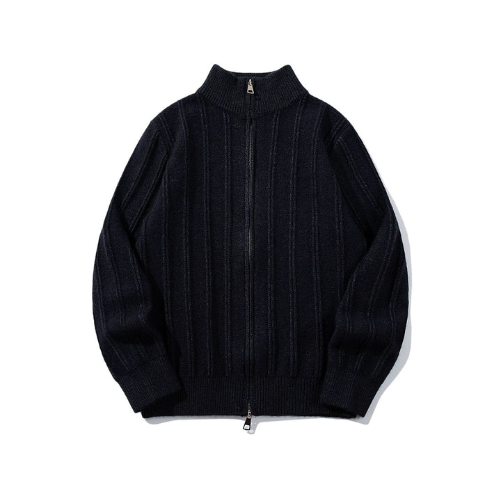 Unisex Geraffte Strick-Zipjacke mit hohem Stehkragen und vertikaler Struktur Echoarchiv