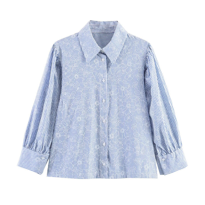 Damen Gestreifte Baumwollbluse mit Puffärmeln und Tonaler Stickerei Echo Archiv