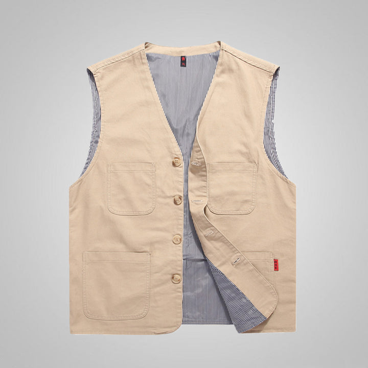 Herren Canvas-Utilityweste aus Baumwolle mit aufgesetzten Taschen und gestreiftem Innenfutter – Marzano