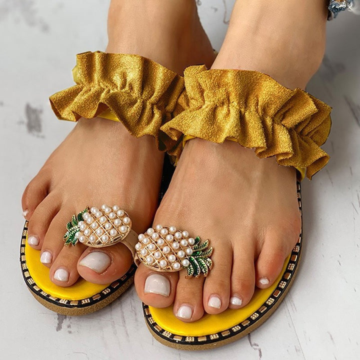 Damen nan Rüschen-Slipper mit Perlen-Ananas-Applikation und dekorativer Zierkante Echo Archiv