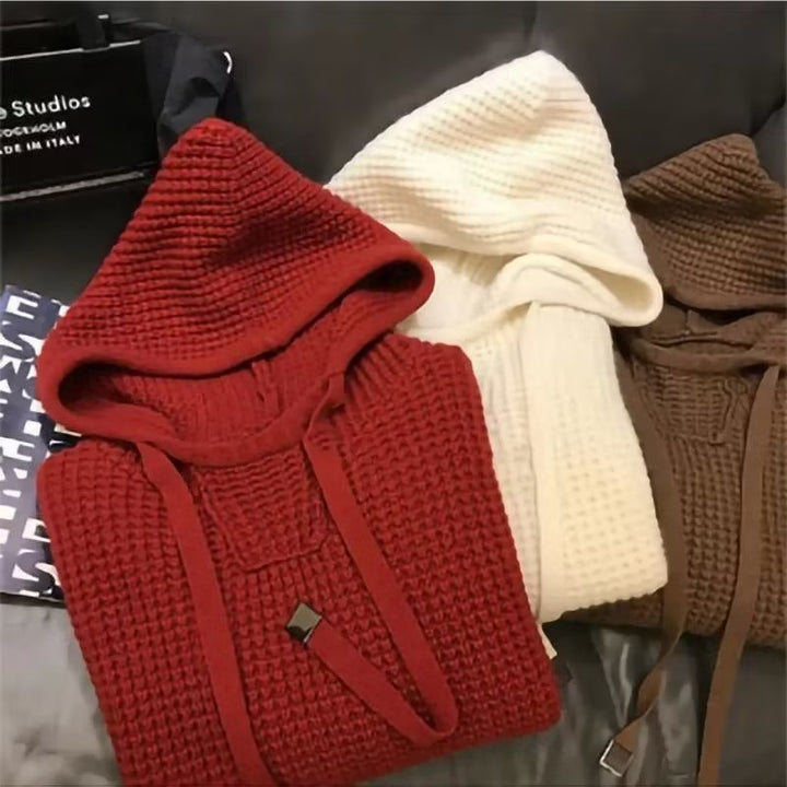 Damen Grobgestrickter Oversize-Kapuzenpullover mit Waffelstruktur und Kordelzug Echoarchiv