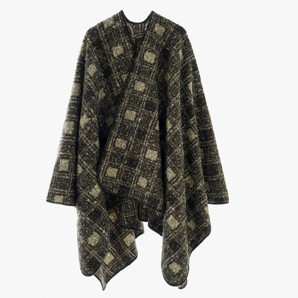 Damen Wollmix-Cape mit weichem Fall, Karomuster und asymmetrischem Zipfelsaum – Montévia