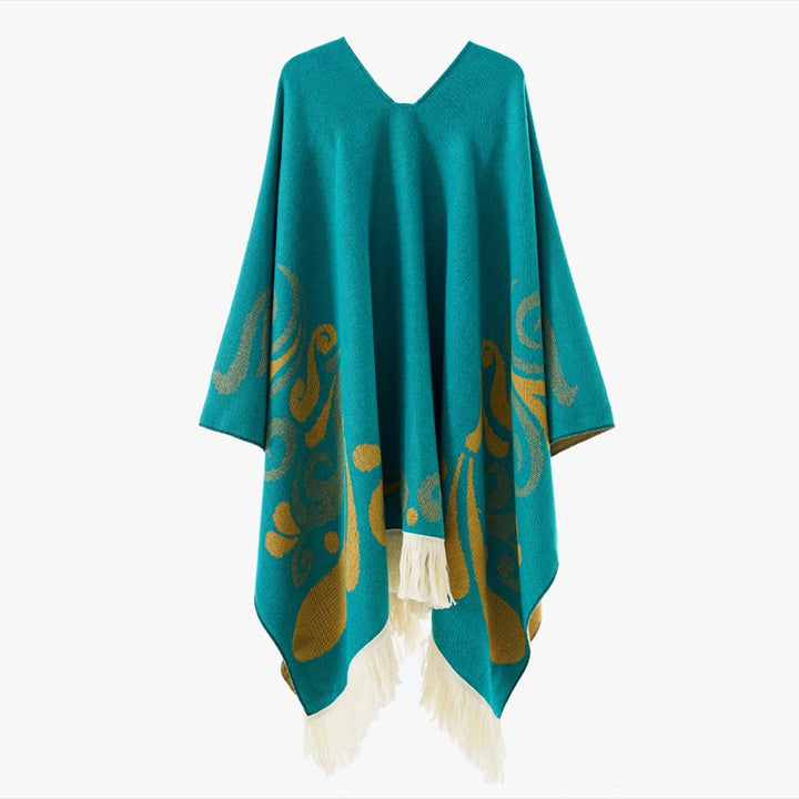 Damen Ornamentaler Jacquard‑Poncho mit V‑Ausschnitt und Fransensaum Echo Archiv
