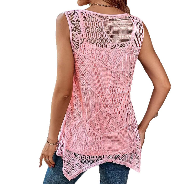 Damen nan zweilagiges Häkel-Overlay mit Jersey-Innentop, Ein-Knopf-Verschluss und asymmetrischem Zipfelsaum Echo Archiv