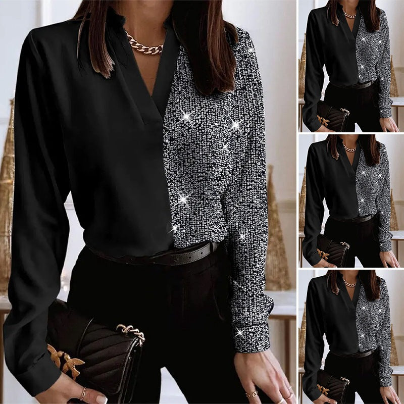 Damen nan elegante Hemdbluse mit halbseitigem Paillettenbesatz, V-Ausschnitt und leicht taillierter Passform Echo Archiv