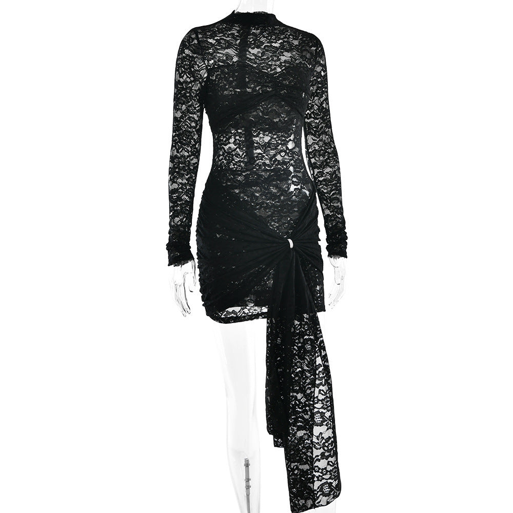 Damen Spitzenkleid mit asymmetrischem Saum und langen Ärmeln Echo Archiv