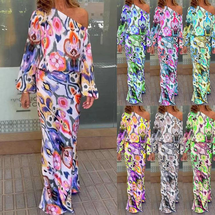Damen Maxikleid mit asymmetrischer Ein-Schulter, fließendem Satin und Glockenärmeln – Valéora