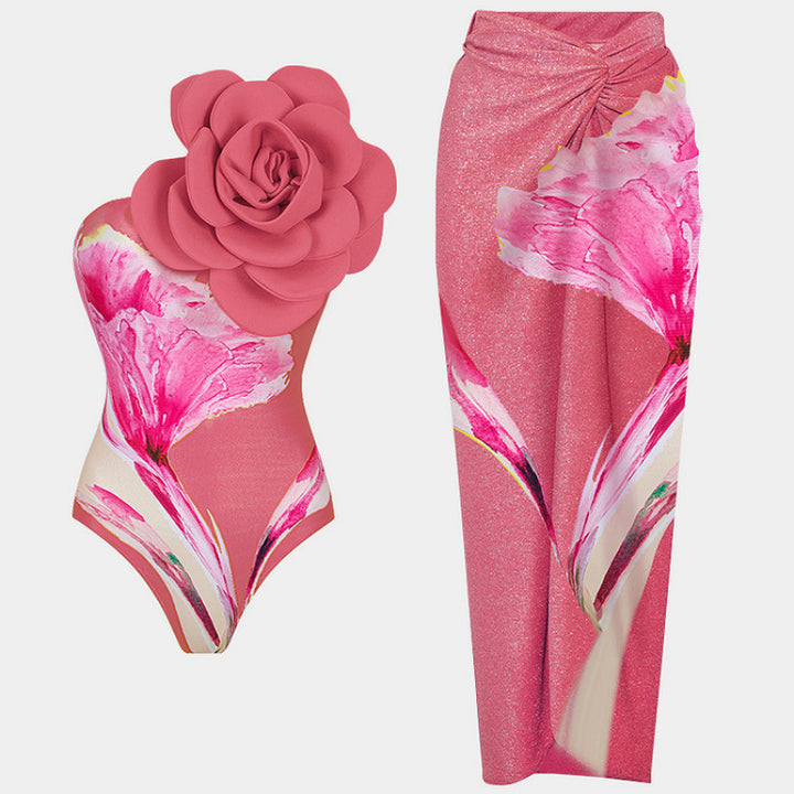 Damen Einteiler Badeanzug mit floralem Design und elegantem Wickelrock Echo Archiv