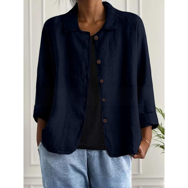 Damen Leichte Leinenoptik-Bluse mit lockerer Passform, 3/4-Ärmeln und Knopfleiste – Élovi