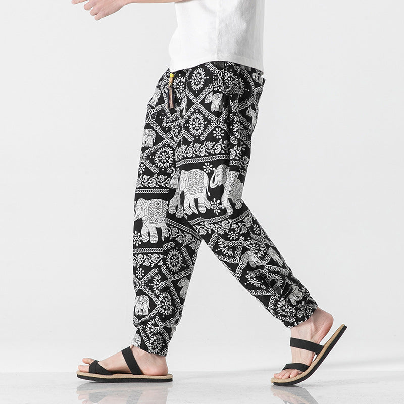 Unisex nan lässige Boho-Haremshose mit Elefantenmuster, elastischem Bund und Bündchen Echo Archiv