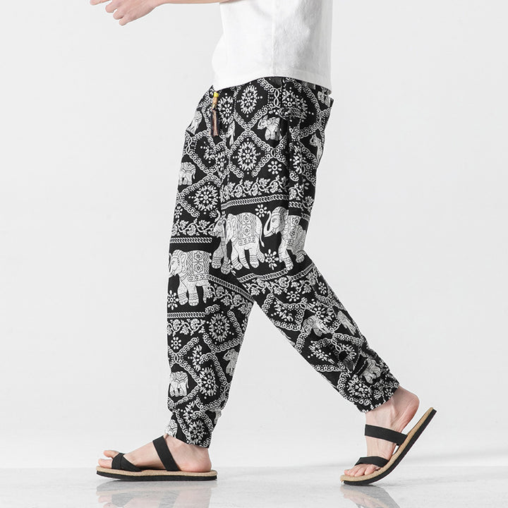 Unisex nan lässige Boho-Haremshose mit Elefantenmuster, elastischem Bund und Bündchen Echo Archiv