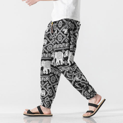 Unisex nan lässige Boho-Haremshose mit Elefantenmuster, elastischem Bund und Bündchen Echo Archiv