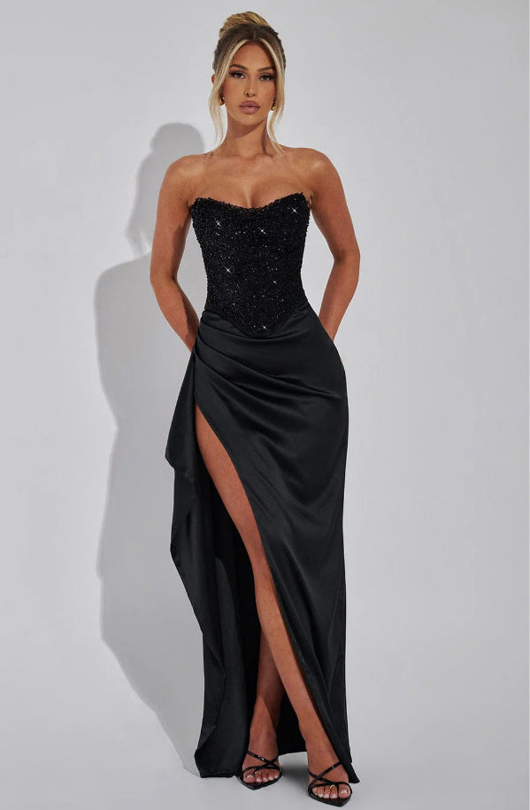 Damen Elegantes Abendkleid mit schimmerndem Oberteil und hohem Schlitz Echoarchiv