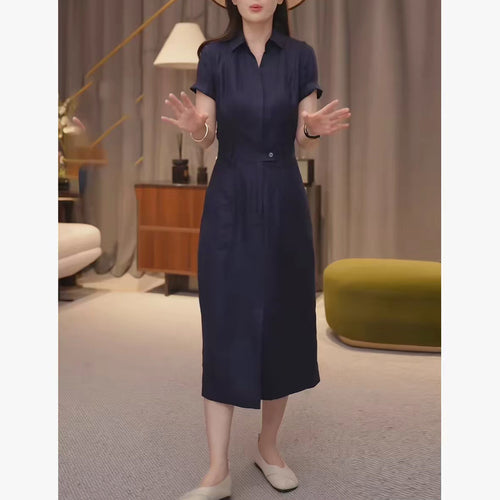 Damen Tailliertes Hemdblusen-Midikleid mit verdeckter Knopfleiste und Taillenpassante Echoarchiv