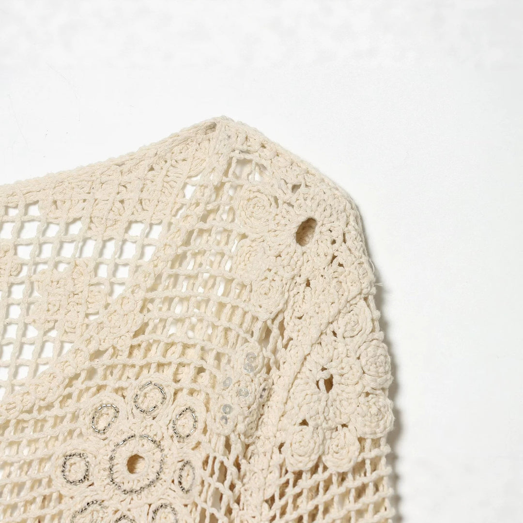 Damen gehäkelter Oversize-Pullover mit Blumen-Openwork und Rundhalsausschnitt Echo Archiv