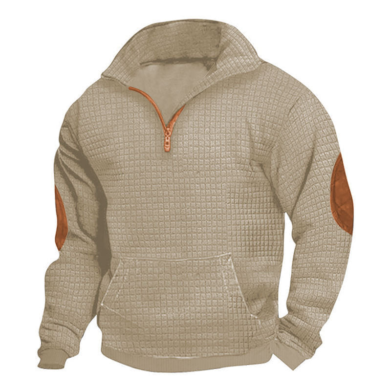 Herren nan strukturiertes Freizeit-Pullover mit kurzem Reißverschluss, Kängurutasche und Ellenbogen-Lederbesatz Echo Archiv